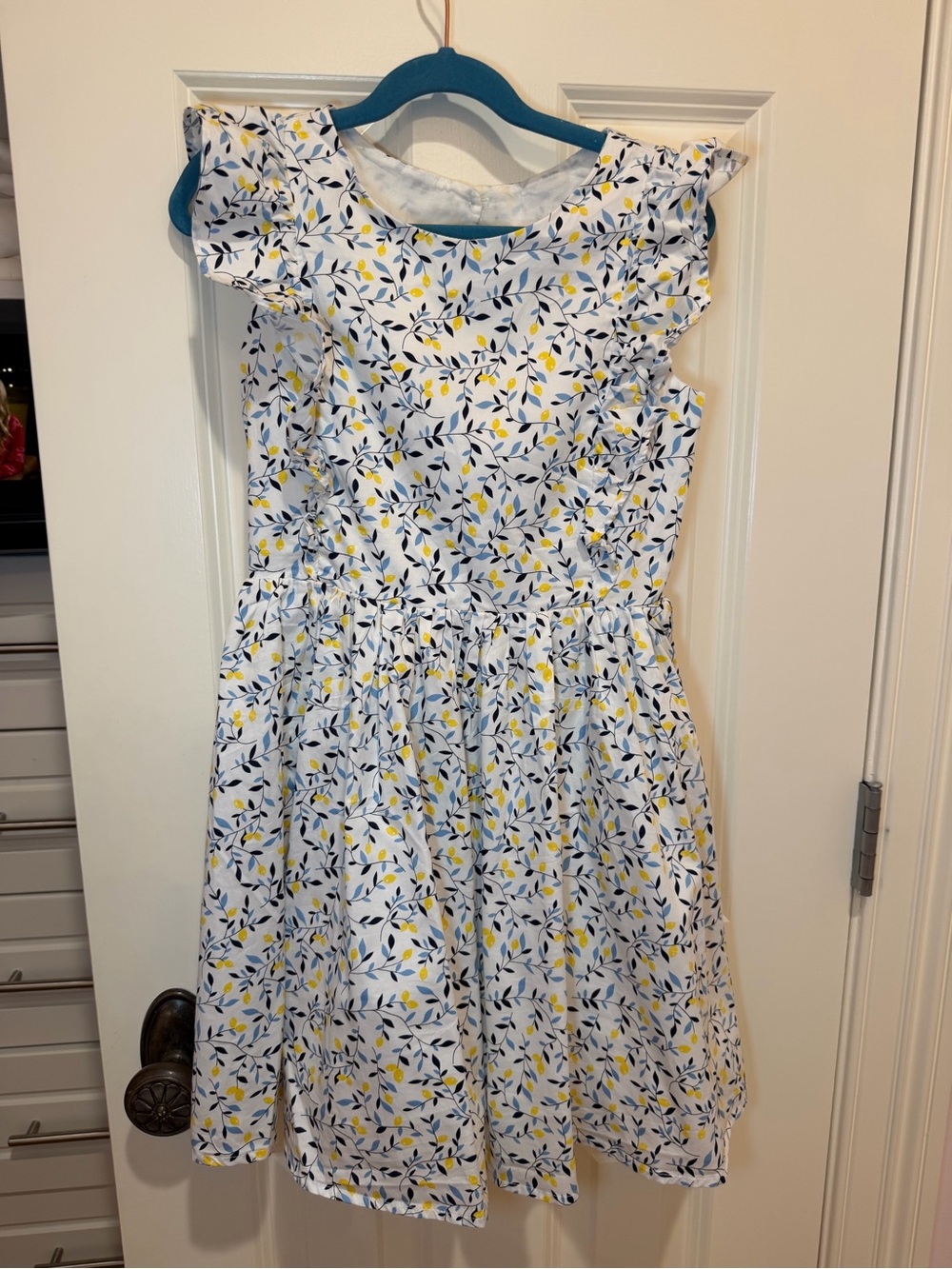 Girls' White Floral Ruffle-Sleeve Dress with Yellow Accents